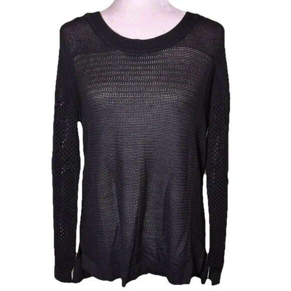 Women Black Open Knit Sweater Strappy Back Lightweight Long Sleeve Top Size Med - Picture 1 of 9